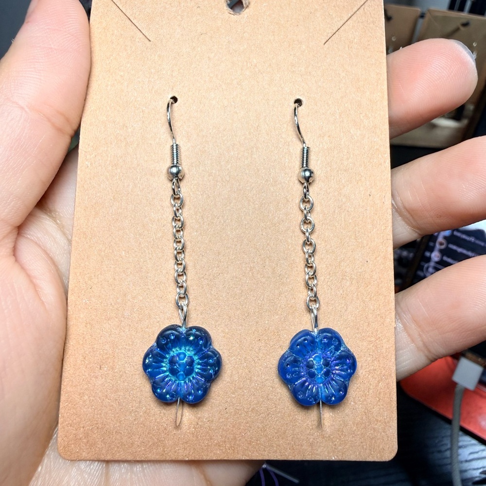 Blue Czech Glass Flower Dangle Earrings – Silver Plated Chain – Hypoallergenic - Picture 4 of 4